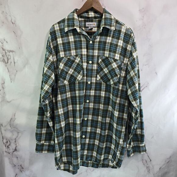 Carhartt Shirt Mens Medium Long Sleeve Button Up Plaid Green Collared - Picture 1 of 12